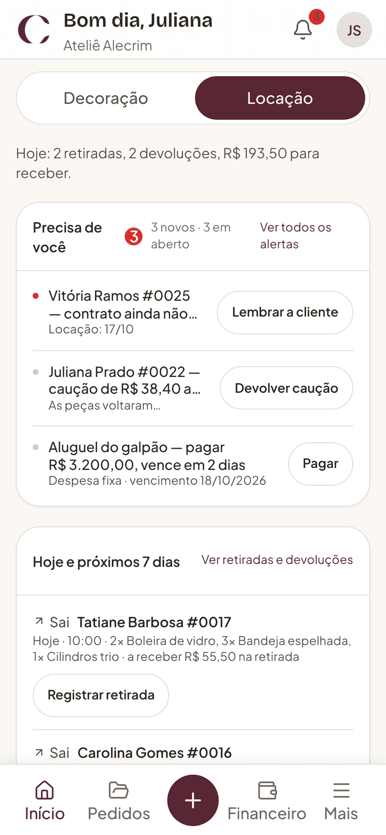 Tela inicial no celular, modo Locação: as retiradas e as devoluções do dia.