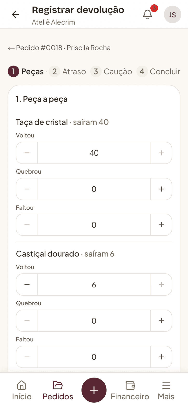 Devolução guiada no celular: para cada peça, quantas voltaram, quebraram ou faltaram.